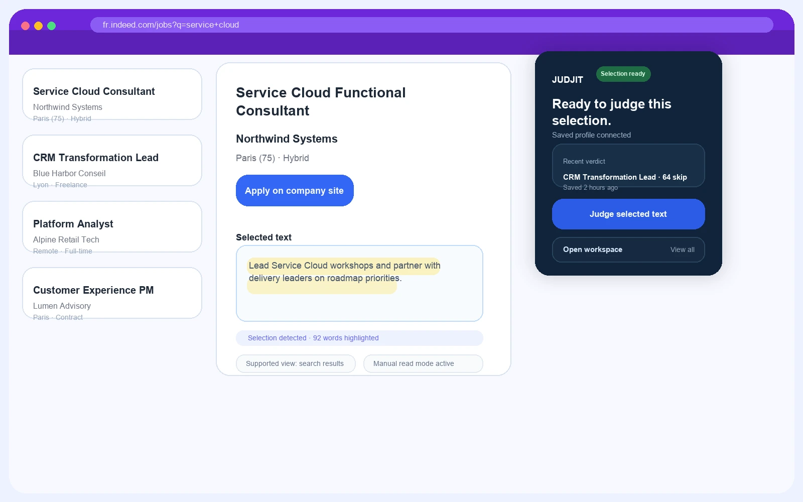 Synthetic Judjit extension popup showing the selected-text judgment state.