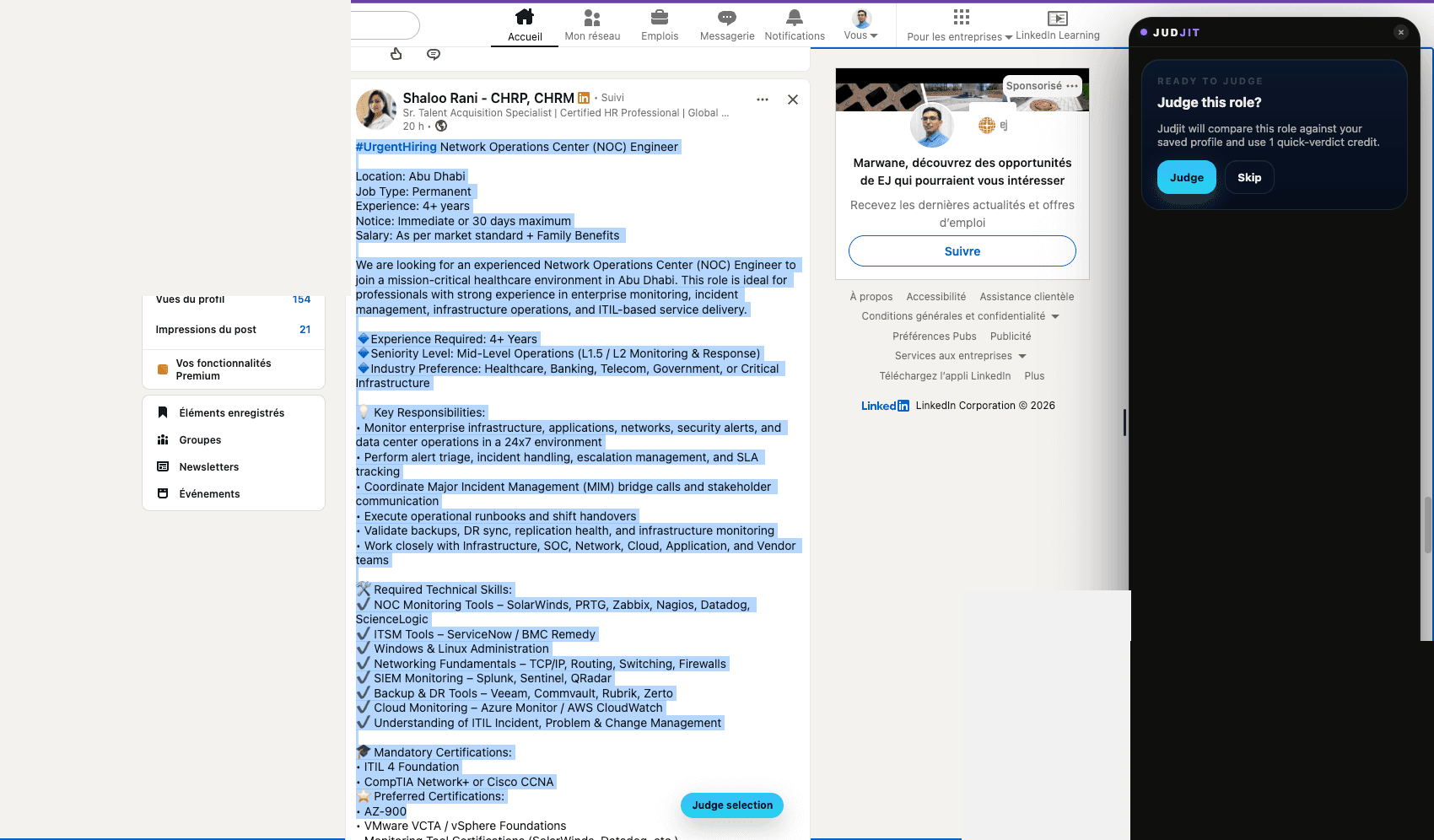 Judjit verdict panel open beside a Salesforce Administrator listing on LinkedIn, showing score, best fit, and main blocker.