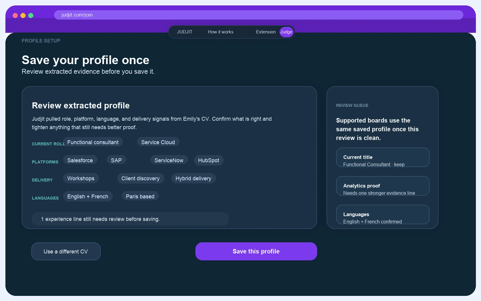 Synthetic Judjit profile preview after CV import.
